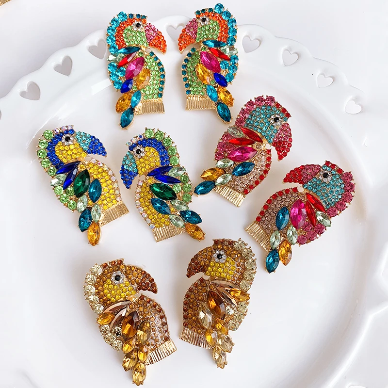 Серьги с птицами и кисточками для женщин, цветные, хрустальные, попугай, красные, Винтажные серьги-гвоздики, бохо, ручная работа, длинная бахрома, массивные украшения