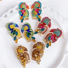 Серьги с птицами и кисточками для женщин, цветные, хрустальные, попугай, красные, Винтажные серьги-гвоздики, бохо, ручная работа, длинная бахрома, массивные украшения