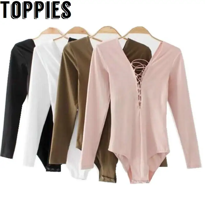 

Toppies Women 2019 Long Sleeves Lace-Up Deep V Romper Backless Sexy Bodysuits