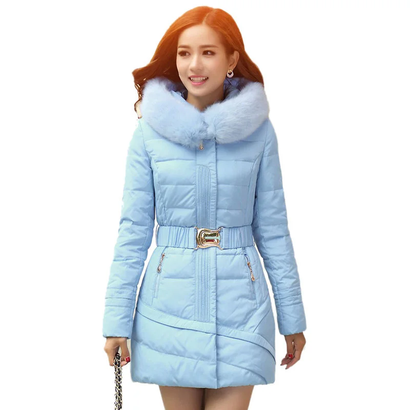 Зимняя куртка для женщин с капюшоном с меховым воротником, теплые парки Mujer, длинная хлопковая куртка с поясом, зимнее пальто для женщин, парки C5579