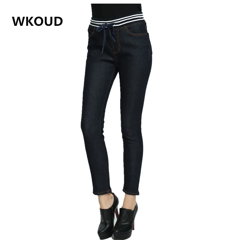 

WKOUD Winter Warm Jeans Women High Waist Drawstring Thickening Denim Jeans Gold Fleeces Pencil Pants Female Trousers P8039