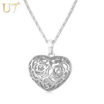 

U7 Trendy Flower Hollow Pendant Necklace Wholesale Gold/Silver Color Crystal Stone Women Heart Jewelry Gift P800