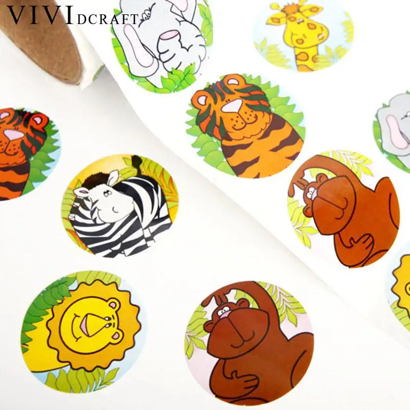 Vividcraft 100 Pcs/roll Kawaii Cartoon Smile Animals Label Sticker Hand Made Stickers Adhesive Printer Paper Custom Stickers