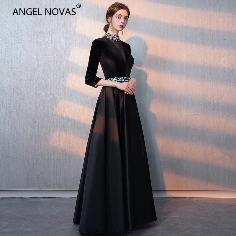 Ангел NOVIAS одежда с длинным рукавом Стразы бисером элегантные черные с высокой горловиной вечерние платье для выпускного вечера 2018 Vestidos