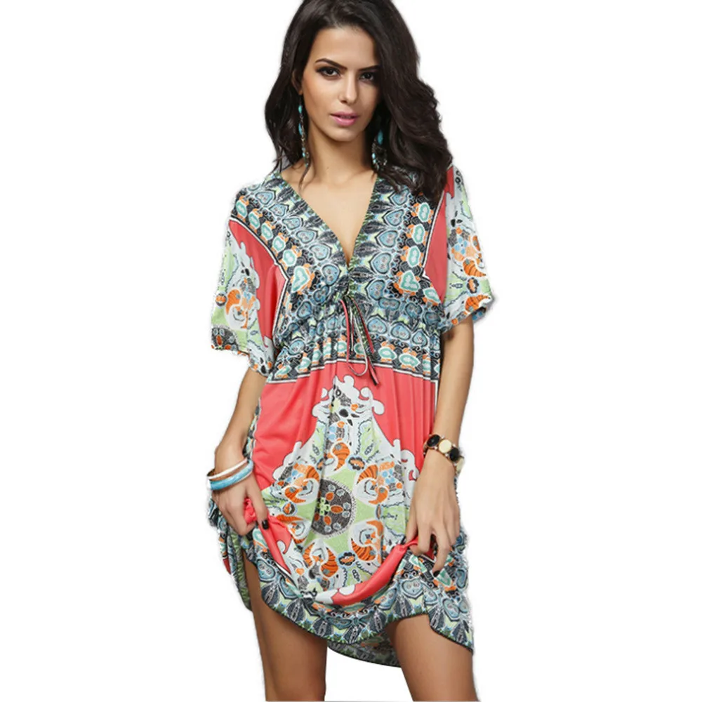 

V-neck sexy milk silk women summer casual retro dress large size beach women's clothing vintage befree