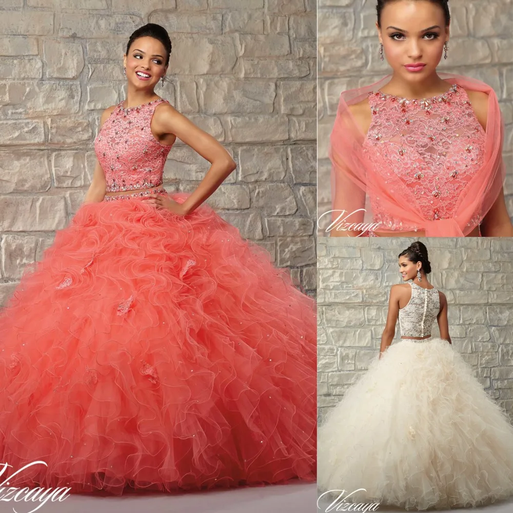 Бальное платье Оборками Тюль 2 шт. Quinceanera Платья Высокая Шея Сексуальная See Through