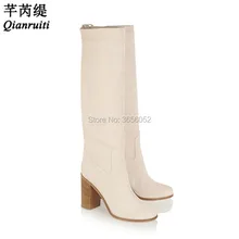 Qianruiti/простые бежевые замшевые сапоги до колена; Женская Осенняя обувь без застежки на толстом каблуке; круглый носок; деревянный массивный каблук; Botas Mujer