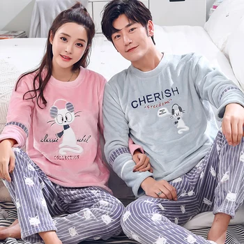 

Couple Flannel Pajamas Set Winter Thick Warm Long Sleeve Round Neck Sleepwear Cartoon Casual Soft Plus Size M-3XL Lovers Pijamas