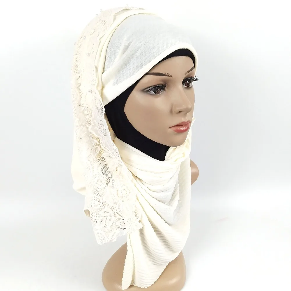 L10 морщинка большой хиджаб с кружевом шарф платки хлопок мусульманский хиджаб вискозные шарфы палантины мода исламская повязка на голову