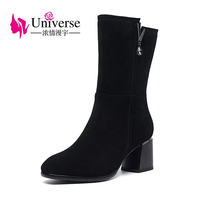 

Universe suede leather boots women mid calf boots square heel high heels ladies shoes fashion winter boots G383