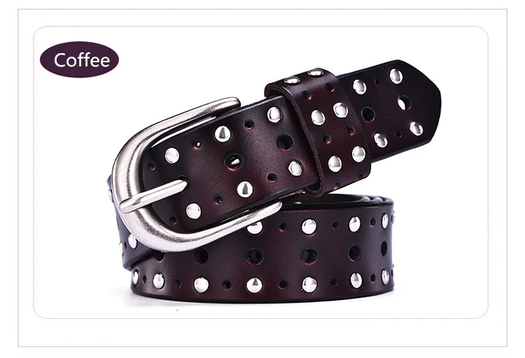 JXQBSYDK Belts for Women Fashion Pin Buckle Porous Hole Rivets Genuine Leather Belts Female Waist Belts Women Cintura Donna - Цвет: Coffee