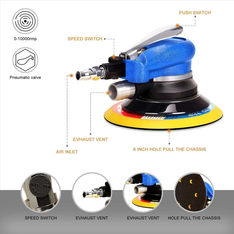 150 мм 6 дюймов Air Sander орбитальная случайная ладонь двойного действия сжатого воздуха шлифовальные станки инструменты+ 12 шт шлифовальный диск бумага США штекер