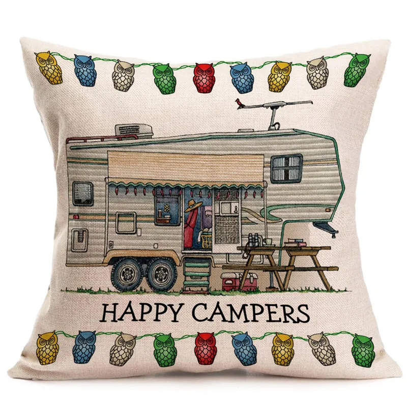«Happy Camper» наволочки квадратный хлопок Linene Чехлы для подушек вырезать автобус талии Автомобильная сидение кресло диван пледы наволочки