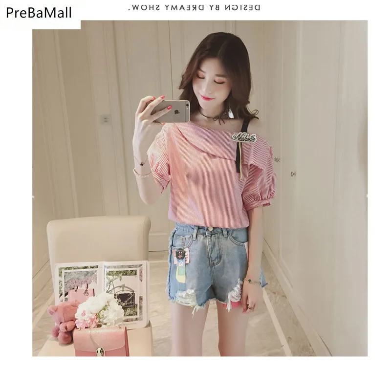 

New Fashion Women T-Shirt 2019 Summer Short Sleeve Off-Shoulder Tops Stripped Women Clothing C310