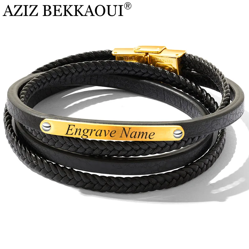 

AZIZ BEKKAOUI Vintage Engrave Name Black Leather Bracelet for Men Gold Color Stainless Steel Bracelets Male Jewelry Dropshipping