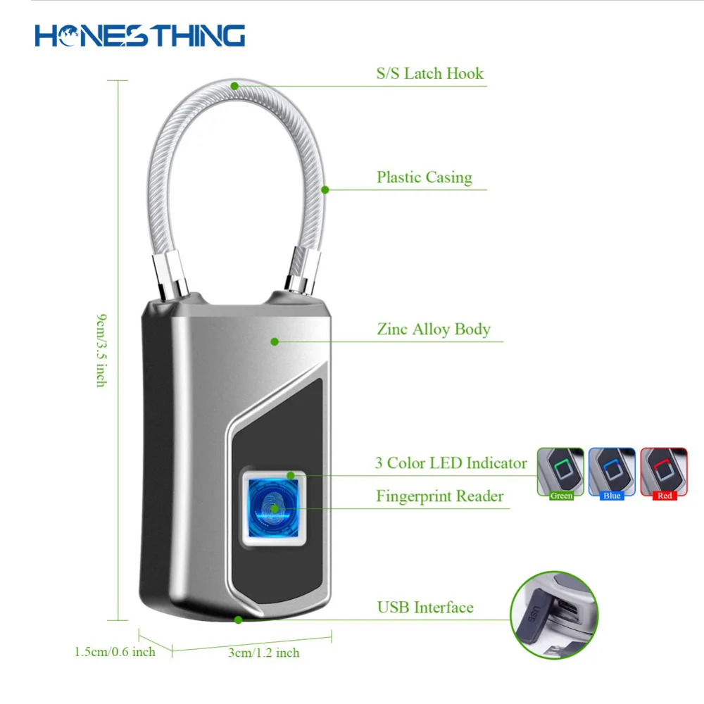 HonesThing Anti-Theft Security Padlock Mini Keyless Fingerprint Lock USB Rechargeable IP66 Waterproof Door Luggage Case Lock  3