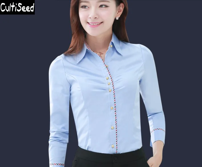 Новейшая Женская хлопковая Базовая Блузка с длинными рукавами, рубашки женская модная деловая OL элегантная для работы в офисе футболки Блузы-топы