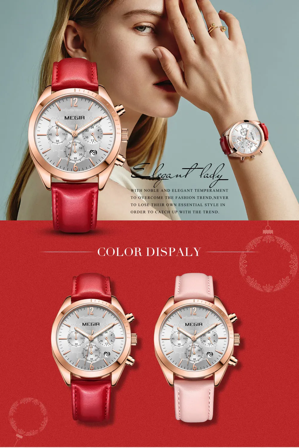 Megir женские Роскошные Кварцевые часы с кожаным ремешком, наручные часы с хронографом для женщин, женские Relogios Femininos Relojes 2115 красный