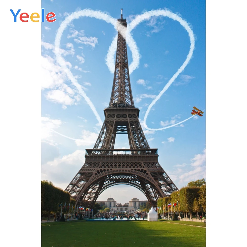 

Yeele Eiffel Tower Love Heart Grassland Sky Clouds Photography Backgrounds Customized Photographic Backdrops for Photo Studio