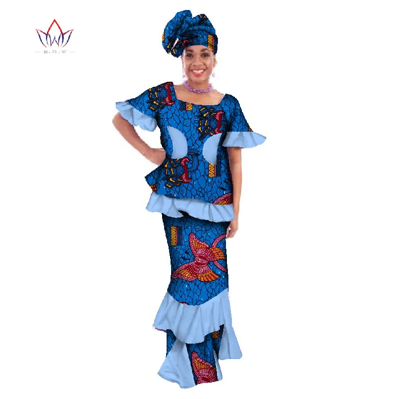 

2017 African Print Cotton Suit Dashiki Woman Plus Size Ruffles Shirt and Top Set African Traditional Kanga Clothing BRW WY196