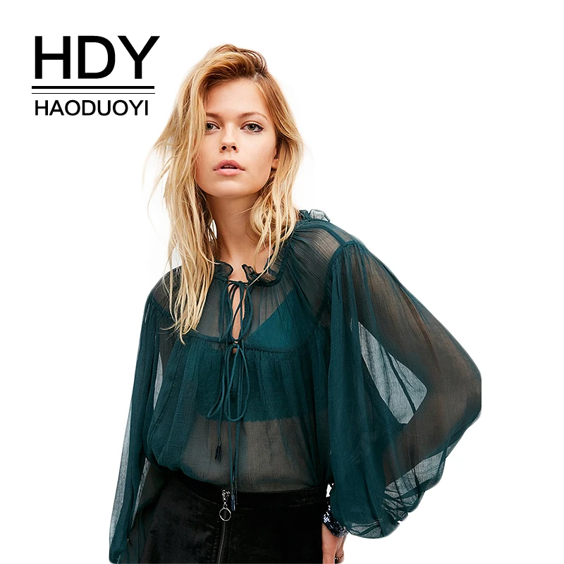 

HDY Haoduoyi Brand 2019 Three Colors Casual Shirts Women O-Neck Long Sleeve Sheer Lace Up Collar Ruffles Bouses Lady Tops