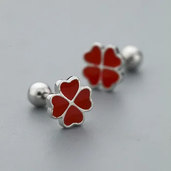 

New Fashion Black Red 100% 925 Sterling Silver Clover Stud Earrings For Women 2 Colour Earrings