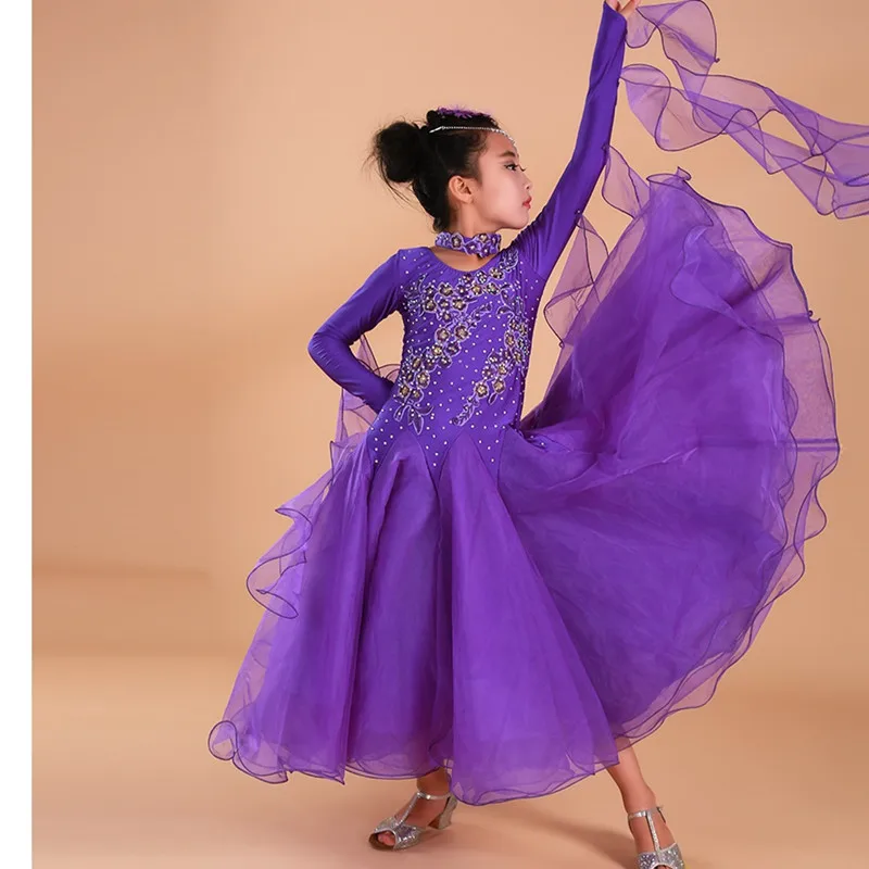 6 цветов, розовые платья для бальных танцев для детей, бальные платья, бальные платья для вальса, стандартные платья для танцев для девочек, Одежда для танцев - Цвет: Purple