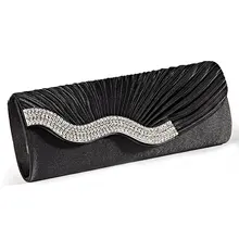Wholesale 5* Ladies’ Evening Handbag Portfolio Type Baguette Fabric Satin Pleated with Edge Set Rhinestone Black