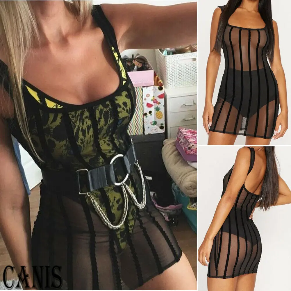 

Brand New Hot Summer Women Sexy Deep O Neck Striped Dress Female Bodycon Mesh Lace Beachwear Party Club Sundress