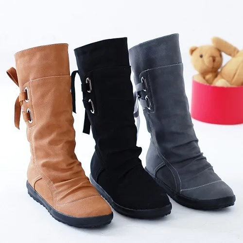 

Women Martin Boots Shoes PU Leather Height Increasing Mid-Calf Lace-Up Round Toe Belt Buckle Casual Female Flat Shoes Plus Size