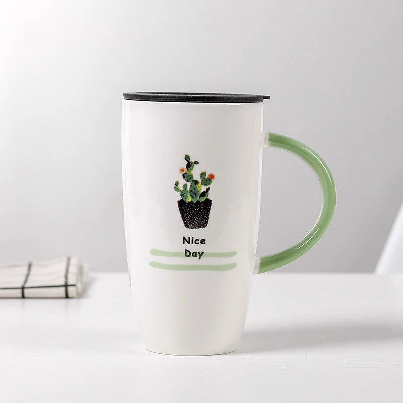 600 мл креативная керамическая кружка с рисунком кактуса с крышкой Мультяшные чашки молоко кофе чай чашка зеленая ручка фарфоровые кружки хорошие подарки - Цвет: 04