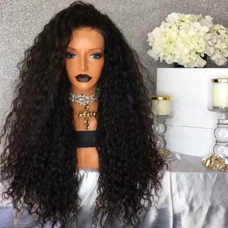 Anogol 26Inch Black Wig Heat Resistant Synthetic Lace Front Wig With Natural Hairline 180% Density Curly Wigs For Black Women