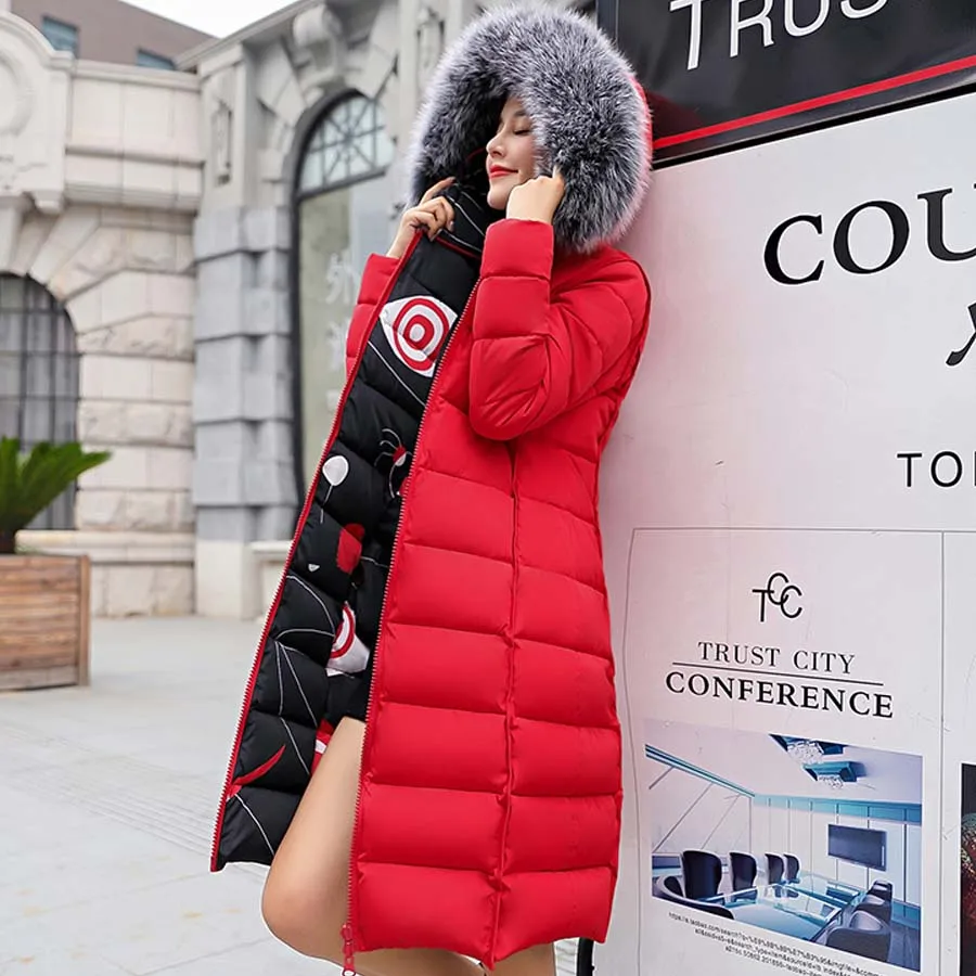 MANDADI winter clothes women fashion cotton padded winter coat women fur collar outerwear hooded print long jacket female