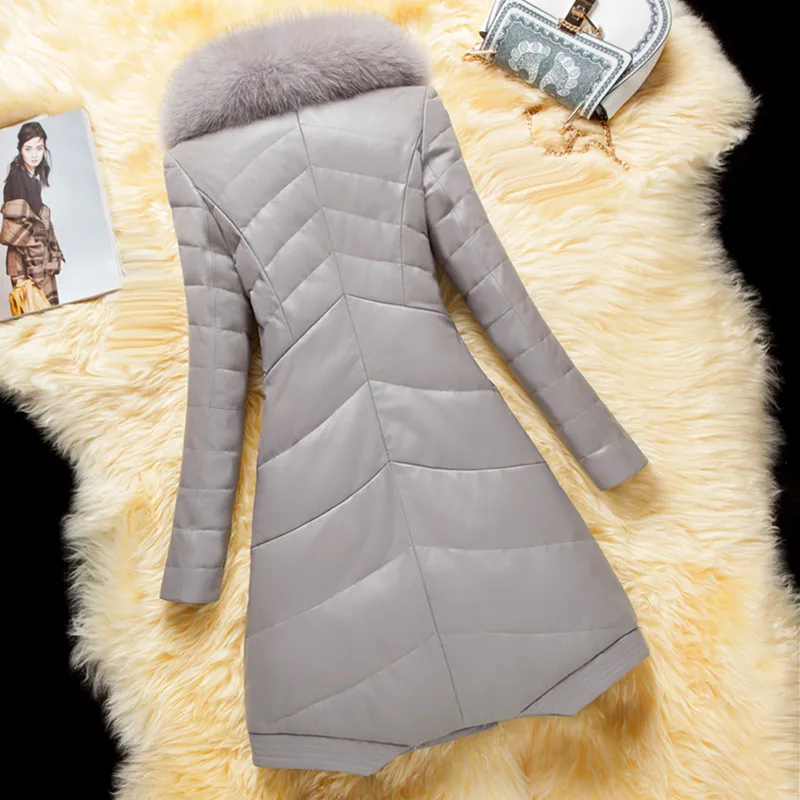 UHYTGF Новая роскошная овечья кожа пуховик зимняя кожаная куртка женская мода имитация лисы меховой воротник тонкий мех пальто M-4XL 1103