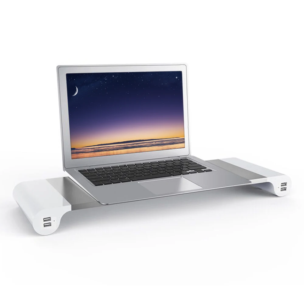  Aluminum Space Bar Laptop Computer Monitor Stand Holder Desk Organizer 4 USB Charging Ports Keyboar