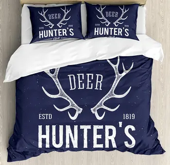 

Hunting Duvet Cover Set Deer Hunter's Club Logo Design with Antlers Retro Typography Shabby Style Icon Decor 4 Piece Bedding Set