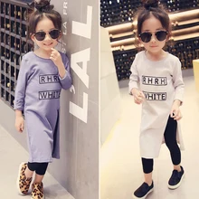 2-6Y, 2016 Automne Filles Chemise Enfants De Mode Lettres Chemise Style Long Haute Ouvert Fourche Chemise Enfants Chemise De Base