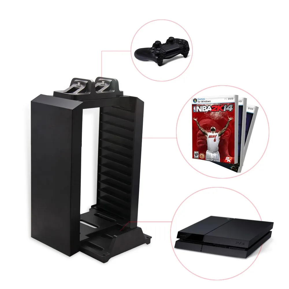 Multifunctional Disk Storage Tower with Controller Charging Dock and Console Stand for Sony Playstation 4 PS4