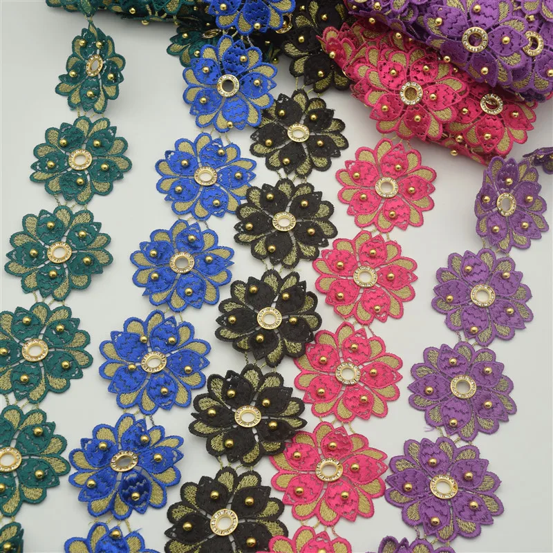 

10yards many color beaded eyelet Metallic Embroidered Motif Lace Nigeria Venice Trim Crochet Cord Wide7.5cm