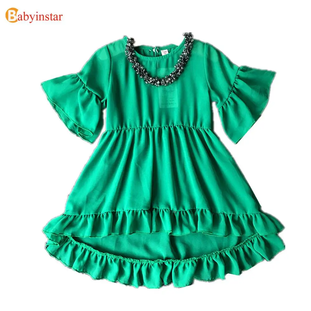 Kids Infant Girls Dress Flare Sleeve Green Solid Children Chiffon Dress