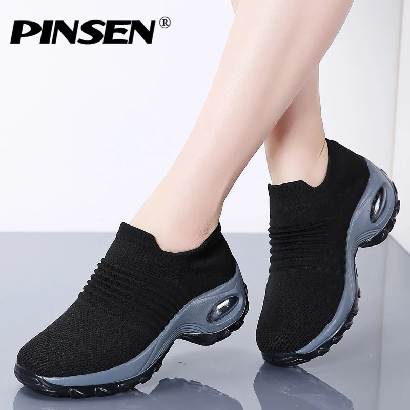 

PINSEN 2019 Spring Sneakers Women Flats Shoes Breathable Mesh Casual Platform Shoes Woman Creepers Comfortable Black Sock Shoes