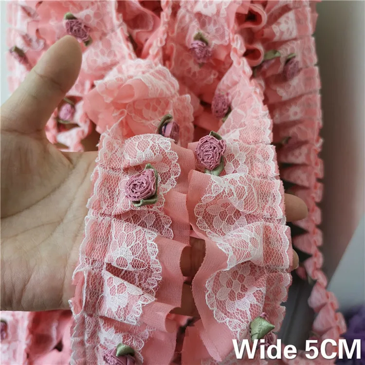

5CM Wide Pink Pleated Chiffon Fabric 3D Flowers Lace Trim Embroidered Guipure Lace Ribbon DIY Handicraft Dresses Sewing Supplies