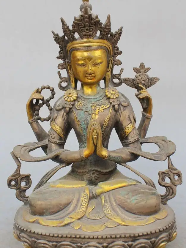 wang6710984++12" Old Tibet Silver Gilt Antique 4 Arms Chenrezig Buddha