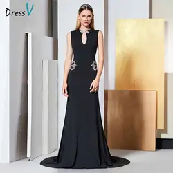 Dressv черный вечернее платье scoop neck рукавов Бисероплетение на молнии длиной до пола Свадебная вечеринка торжественное платье вечернее