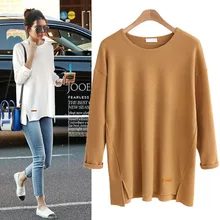 Винтажная Повседневная однотонная женская футболка с длинным рукавом и круглым вырезом, женские вечерние футболки свободного кроя, Camisetas Mujer