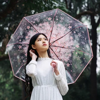 

New Arraive Transparent Three Fold Cherry Clear Umbrella Female Umbrellas PVC Women Rain Japanese Cherry Blossoms parapluie