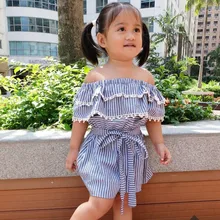 Одежда для купания для маленьких девочек; хлопковый Повседневный праздничный сарафан принцессы в полоску с оборками и кружевом для маленьких девочек; F425