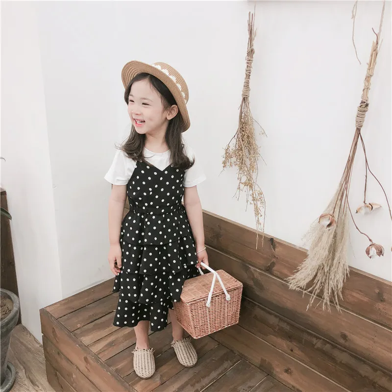 

Girls Short Sleeve Cotton Tshirt with Sling Cake Dot Dress Two Pieces Sets New Children Summer Wave Point Fashion Pullover Suit