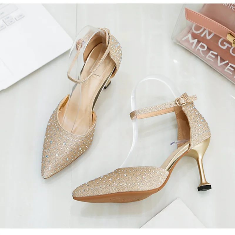Весенние женские туфли-лодочки, новые туфли на высоком тонком каблуке со стразами и острым носком, женские тонкие туфли, женские туфли на шпильке, свадебные туфли - Цвет: Золотой