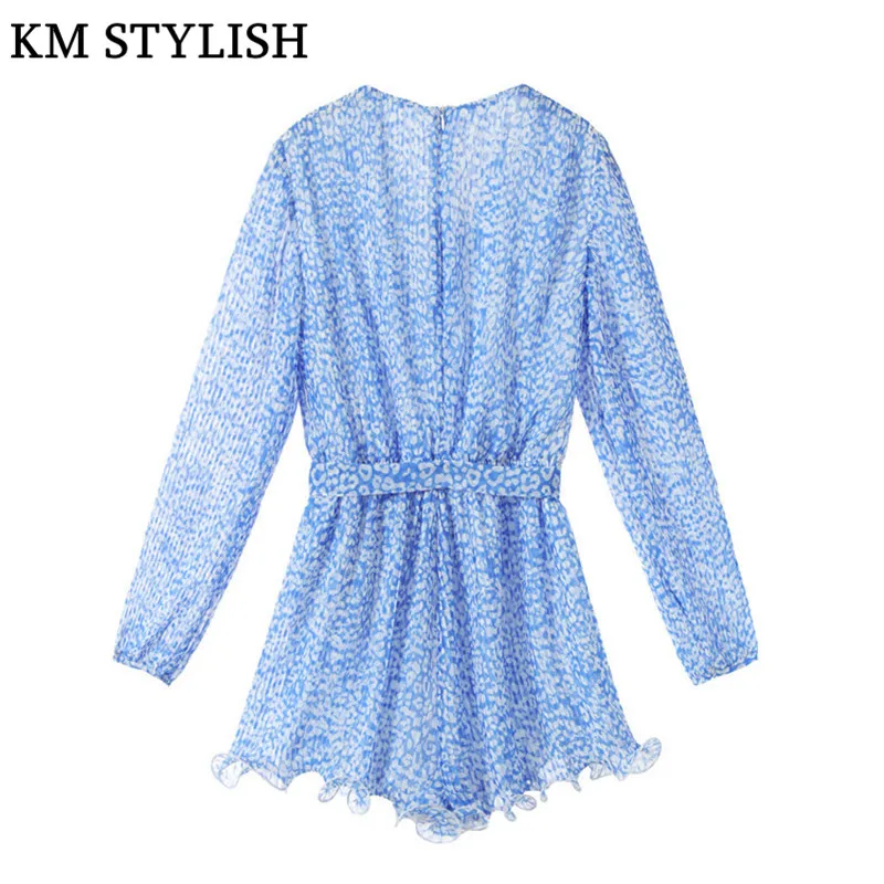 2019 Early Spring New Women Playsuits V-neck Blue Printed Pleated Lantern Sleeve Chiffon Jumpsuit With Belt S,M,L Dropshipping